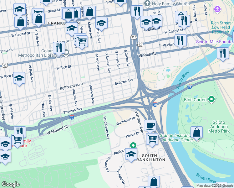 map of restaurants, bars, coffee shops, grocery stores, and more near 806 Thomas Avenue in Columbus