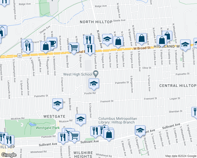 map of restaurants, bars, coffee shops, grocery stores, and more near 186 South Powell Avenue in Columbus