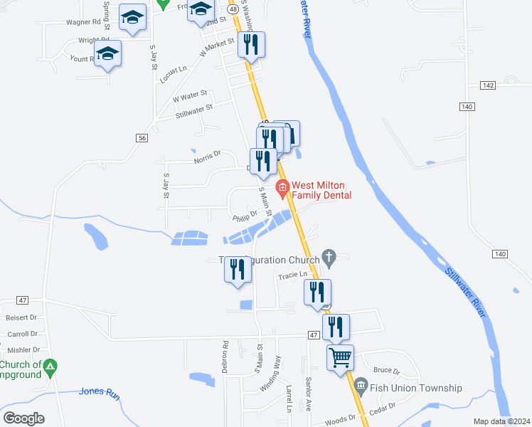 map of restaurants, bars, coffee shops, grocery stores, and more near 118 Philip Drive in West Milton