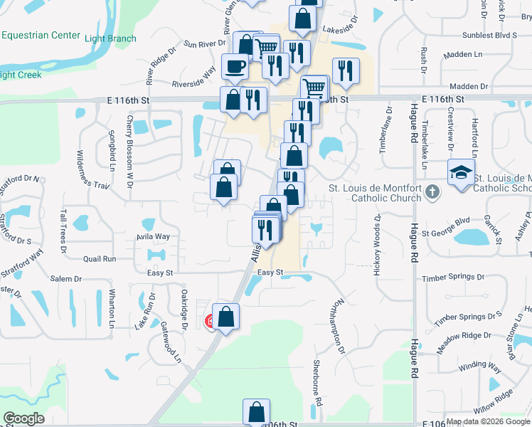 map of restaurants, bars, coffee shops, grocery stores, and more near 10190 Allisonville Road in Fishers