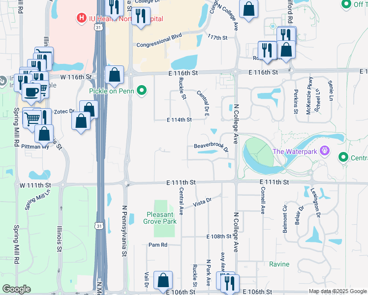 map of restaurants, bars, coffee shops, grocery stores, and more near 11166 Ruckle Street in Carmel