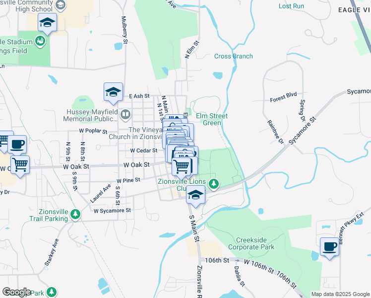 map of restaurants, bars, coffee shops, grocery stores, and more near 115 South Elm Street in Zionsville