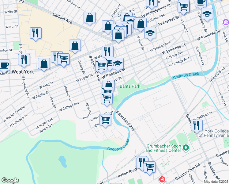map of restaurants, bars, coffee shops, grocery stores, and more near 370 South Sheridan Street in York