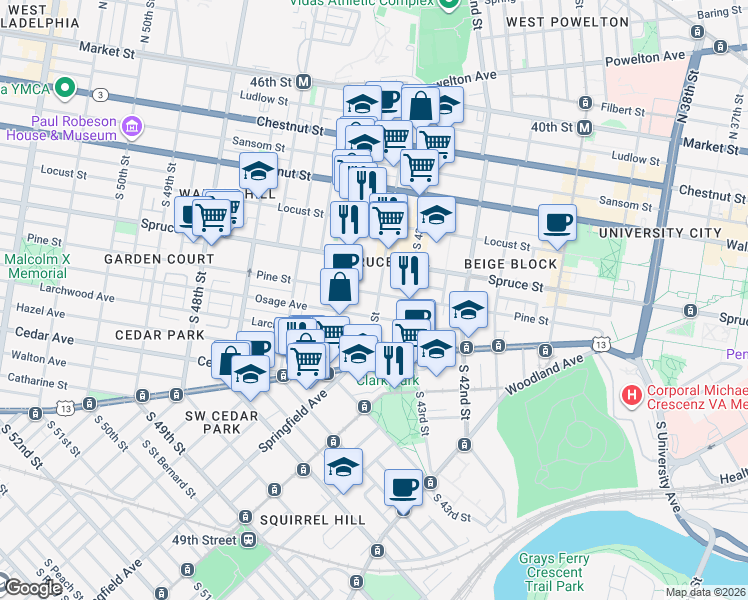 map of restaurants, bars, coffee shops, grocery stores, and more near in Philadelphia