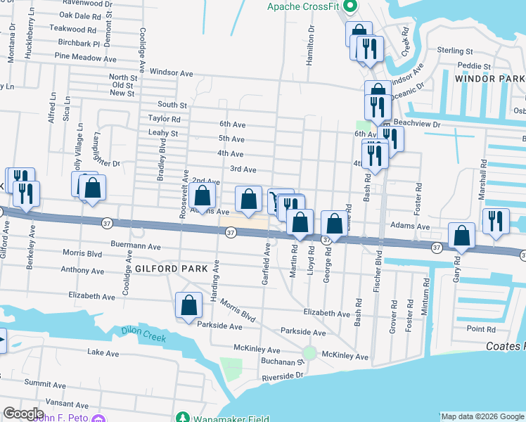 map of restaurants, bars, coffee shops, grocery stores, and more near 2336 Adams Avenue in Toms River