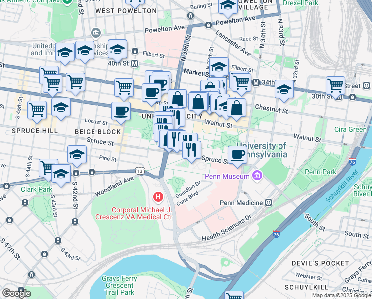 map of restaurants, bars, coffee shops, grocery stores, and more near 3733 Spruce Street in Philadelphia