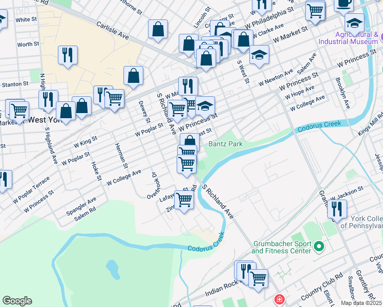 map of restaurants, bars, coffee shops, grocery stores, and more near 301 South Richland Avenue in York