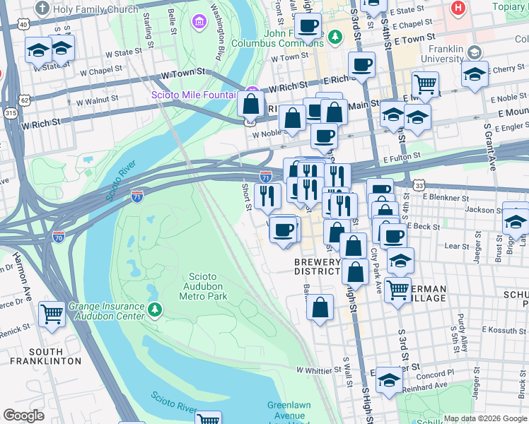 map of restaurants, bars, coffee shops, grocery stores, and more near 250 Liberty Street in Columbus
