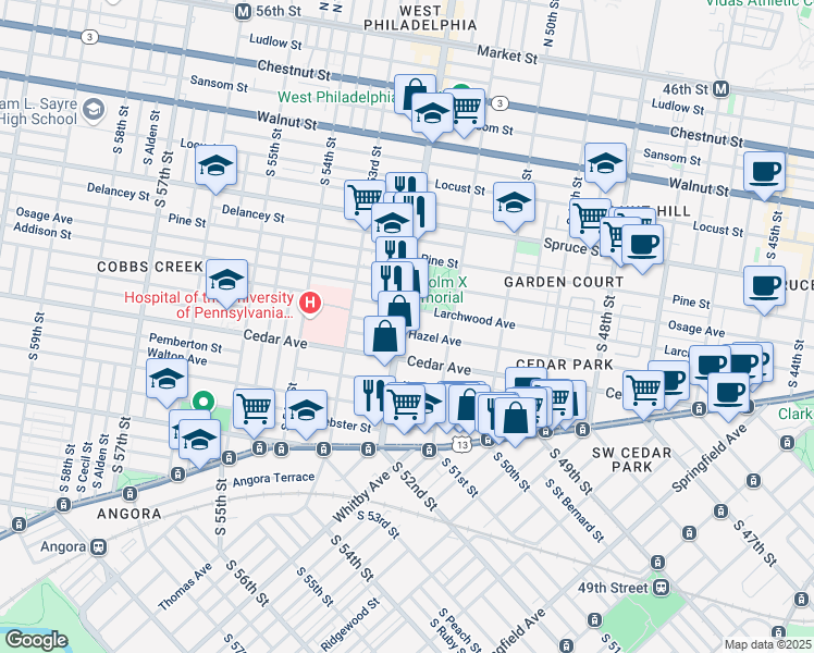 map of restaurants, bars, coffee shops, grocery stores, and more near 5147 Hazel Avenue in Philadelphia