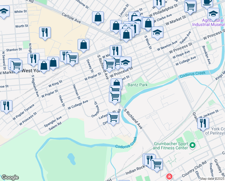 map of restaurants, bars, coffee shops, grocery stores, and more near 301 South Richland Avenue in York