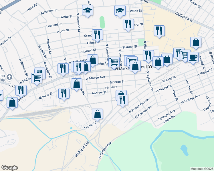 map of restaurants, bars, coffee shops, grocery stores, and more near 1716 Monroe Street in York