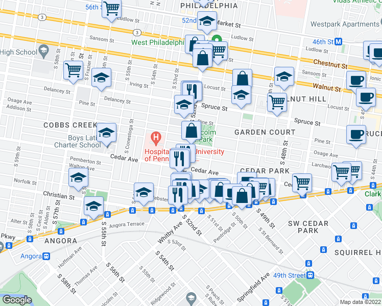 map of restaurants, bars, coffee shops, grocery stores, and more near in Philadelphia