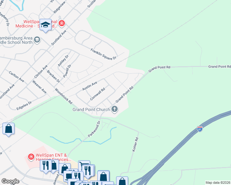map of restaurants, bars, coffee shops, grocery stores, and more near 2477 Somerset Road in Chambersburg