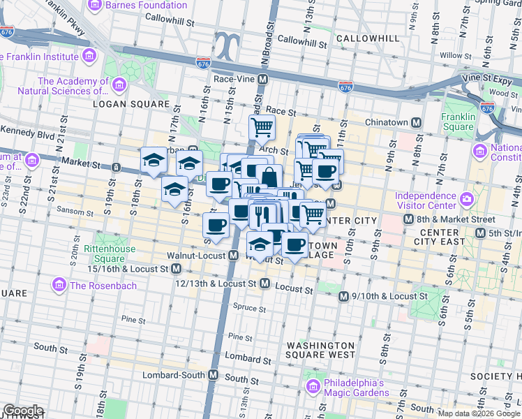 map of restaurants, bars, coffee shops, grocery stores, and more near 100 East Penn Square in Philadelphia
