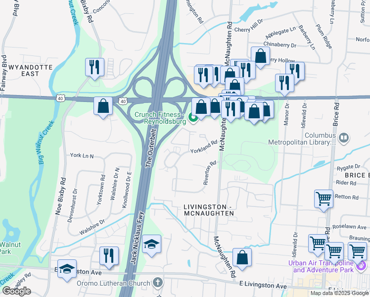 map of restaurants, bars, coffee shops, grocery stores, and more near 1359 Yorkland Road in Columbus