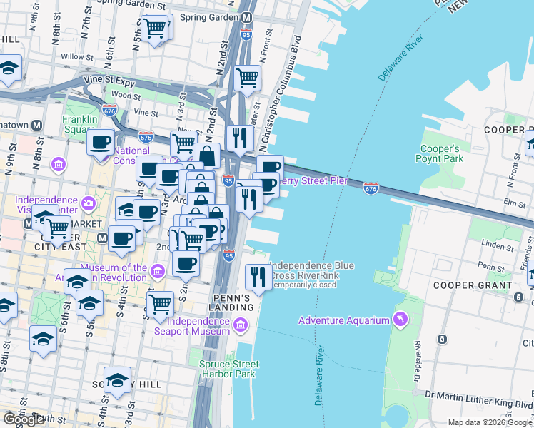 map of restaurants, bars, coffee shops, grocery stores, and more near 31 North Christopher Columbus Boulevard in Philadelphia