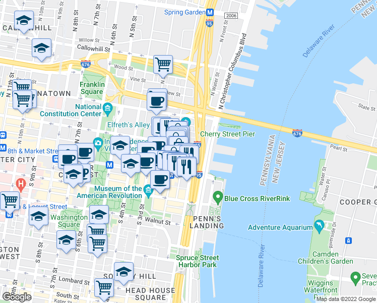 map of restaurants, bars, coffee shops, grocery stores, and more near 24 Cuthbert Street in Philadelphia