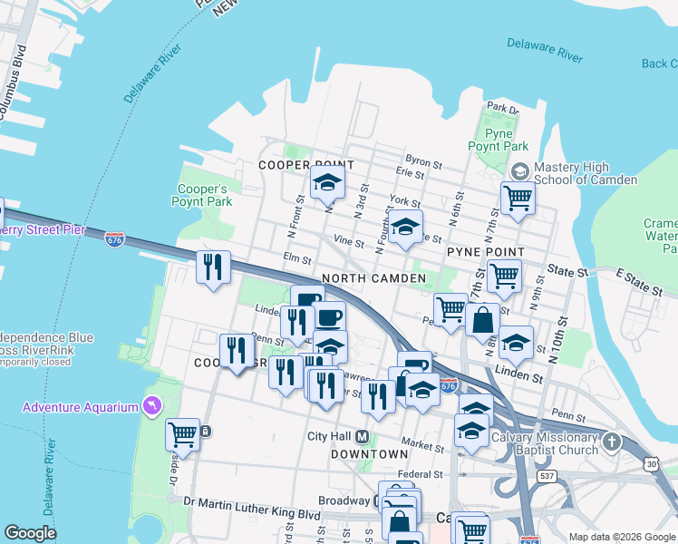 map of restaurants, bars, coffee shops, grocery stores, and more near 211 Birch Street in Camden