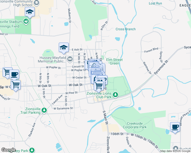 map of restaurants, bars, coffee shops, grocery stores, and more near 1 South Main Street in Zionsville