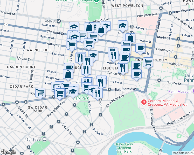 map of restaurants, bars, coffee shops, grocery stores, and more near 4201 Pine Street in Philadelphia