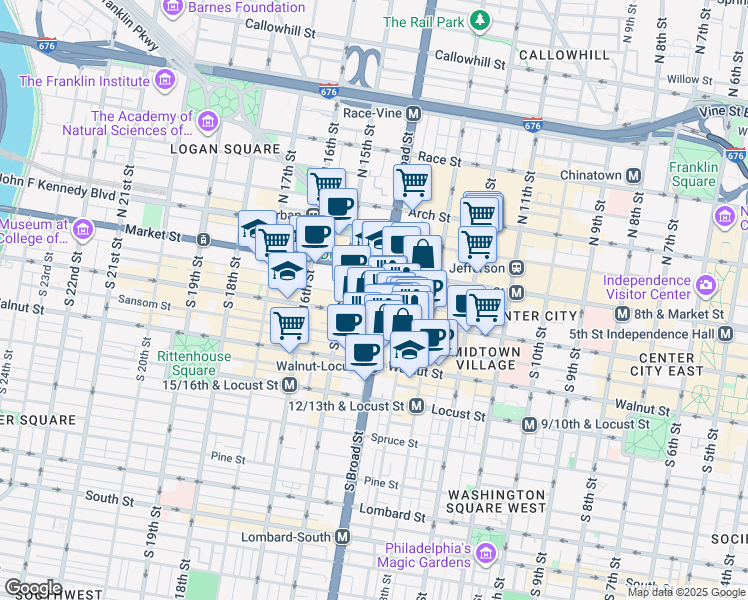 map of restaurants, bars, coffee shops, grocery stores, and more near 10 Avenue Of The Arts in Philadelphia