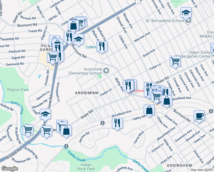 map of restaurants, bars, coffee shops, grocery stores, and more near 914 Anderson Avenue in Drexel Hill