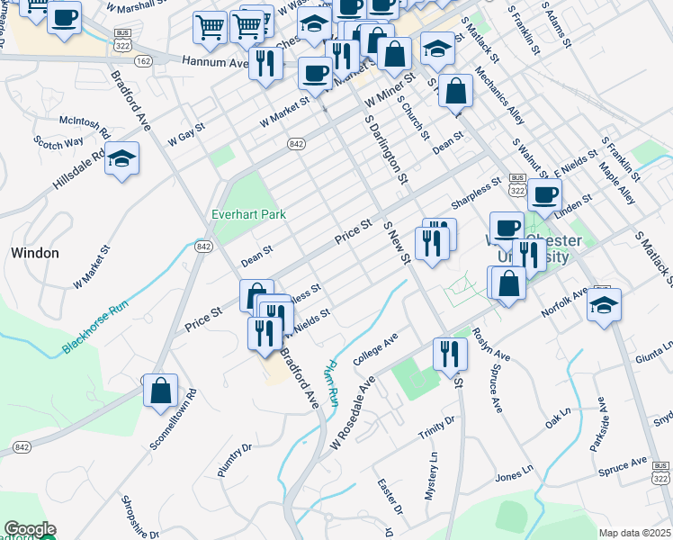 map of restaurants, bars, coffee shops, grocery stores, and more near 435 Sharpless Street in West Chester