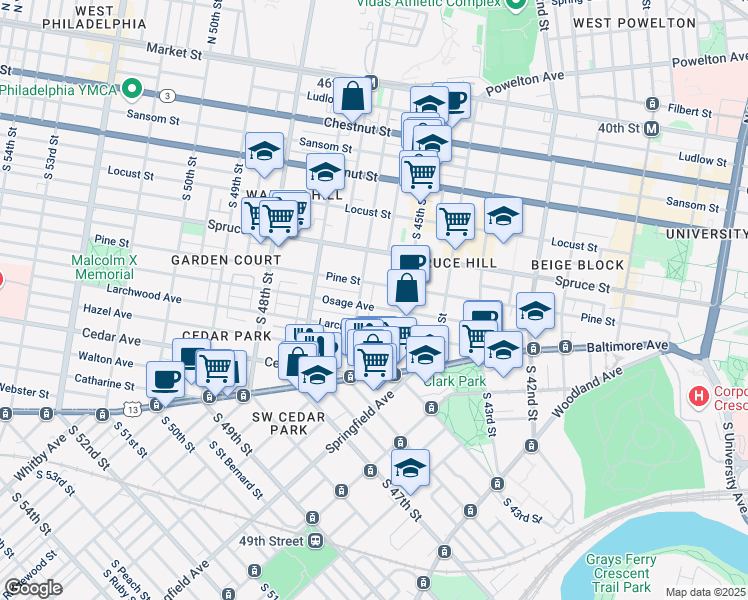 map of restaurants, bars, coffee shops, grocery stores, and more near 431 South 46th Street in Philadelphia