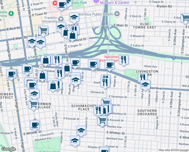 map of restaurants, bars, coffee shops, grocery stores, and more near 627 Lehman Street in Columbus