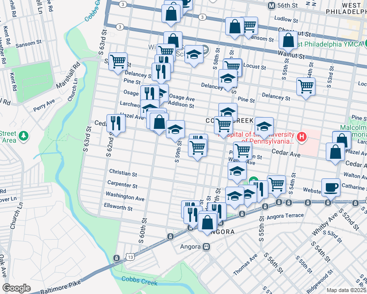 map of restaurants, bars, coffee shops, grocery stores, and more near 5856 Pemberton Street in Philadelphia