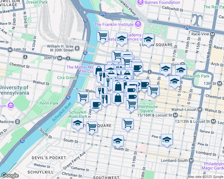 map of restaurants, bars, coffee shops, grocery stores, and more near 127 South 22nd Street in Philadelphia