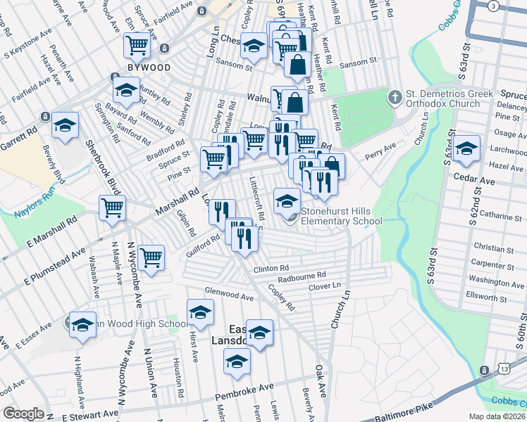 map of restaurants, bars, coffee shops, grocery stores, and more near 550 Millbank Road in Delaware County