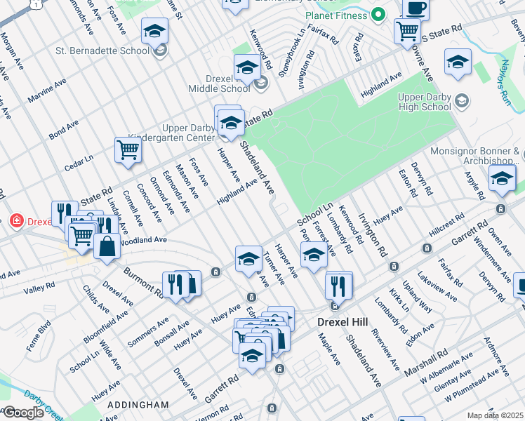 map of restaurants, bars, coffee shops, grocery stores, and more near 621 Harper Avenue in Drexel Hill