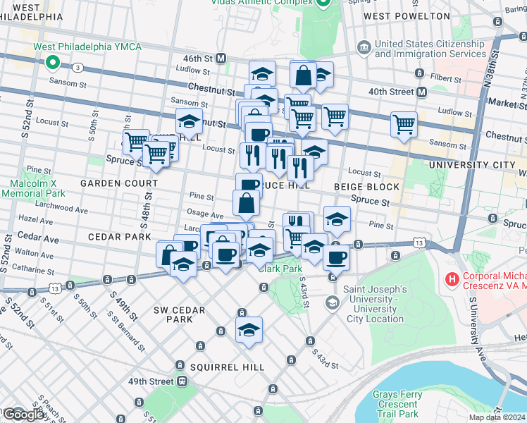 map of restaurants, bars, coffee shops, grocery stores, and more near 4410 Pine Street in Philadelphia