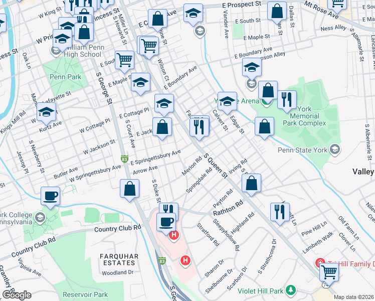map of restaurants, bars, coffee shops, grocery stores, and more near 164 East Springettsbury Avenue in York