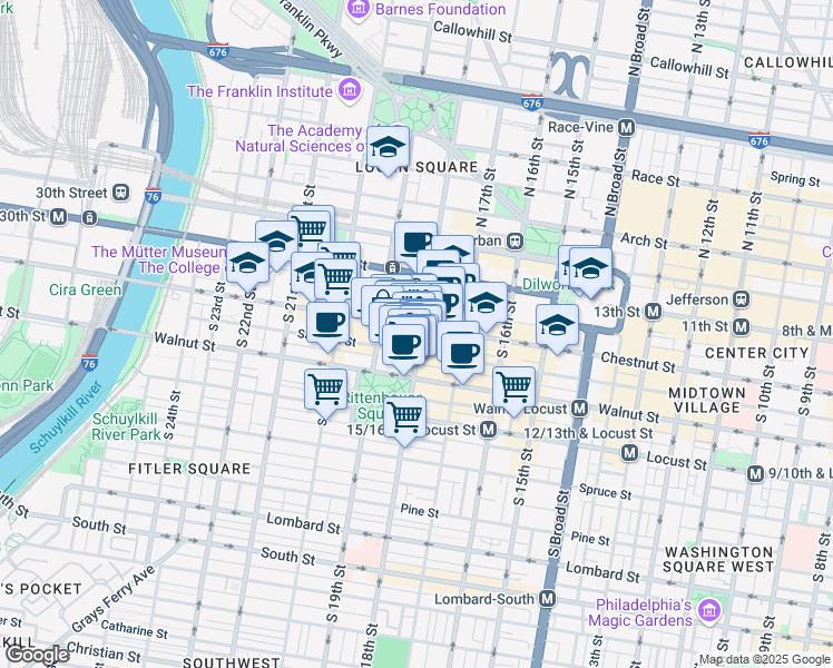 map of restaurants, bars, coffee shops, grocery stores, and more near 111 South 18th Street in Philadelphia