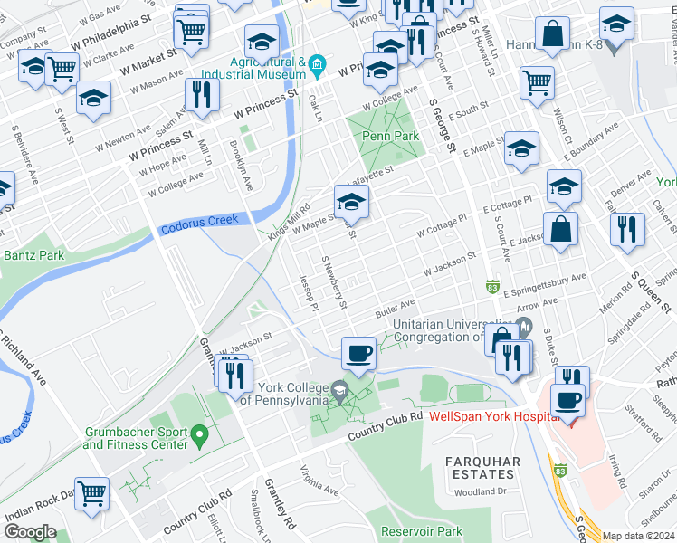 map of restaurants, bars, coffee shops, grocery stores, and more near 286 West Cottage Place in York