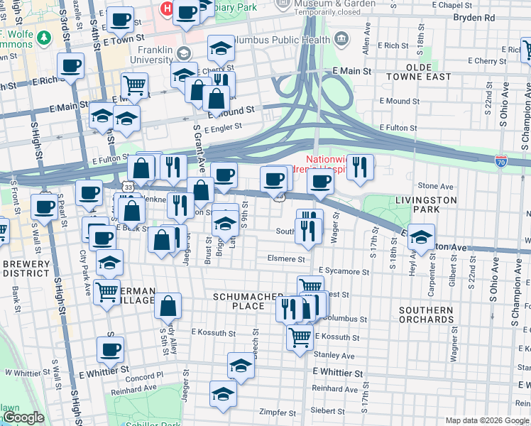 map of restaurants, bars, coffee shops, grocery stores, and more near 457 Jackson Street in Columbus