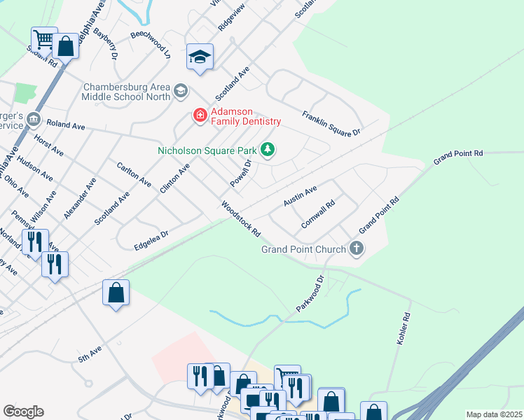 map of restaurants, bars, coffee shops, grocery stores, and more near 2358 Somerset Road in Chambersburg