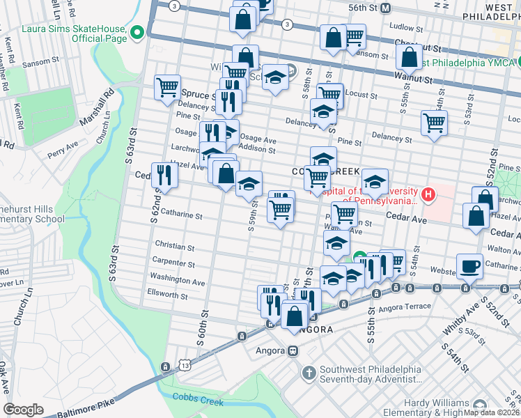map of restaurants, bars, coffee shops, grocery stores, and more near 5856 Pemberton Street in Philadelphia