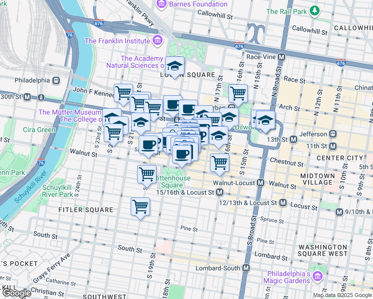 map of restaurants, bars, coffee shops, grocery stores, and more near 111 South 18th Street in Philadelphia