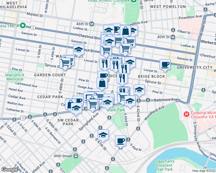 map of restaurants, bars, coffee shops, grocery stores, and more near 4428 Pine Street in Philadelphia