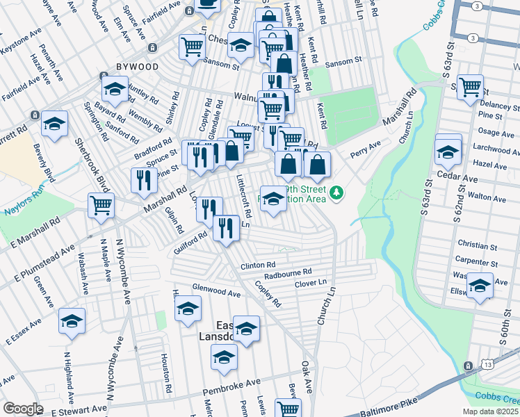 map of restaurants, bars, coffee shops, grocery stores, and more near 535 Millbank Road in Delaware County