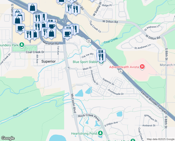 map of restaurants, bars, coffee shops, grocery stores, and more near 2245 Main Street in Superior
