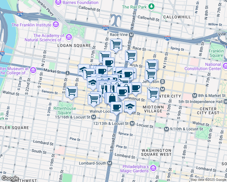 map of restaurants, bars, coffee shops, grocery stores, and more near 1441 Chestnut Street in Philadelphia