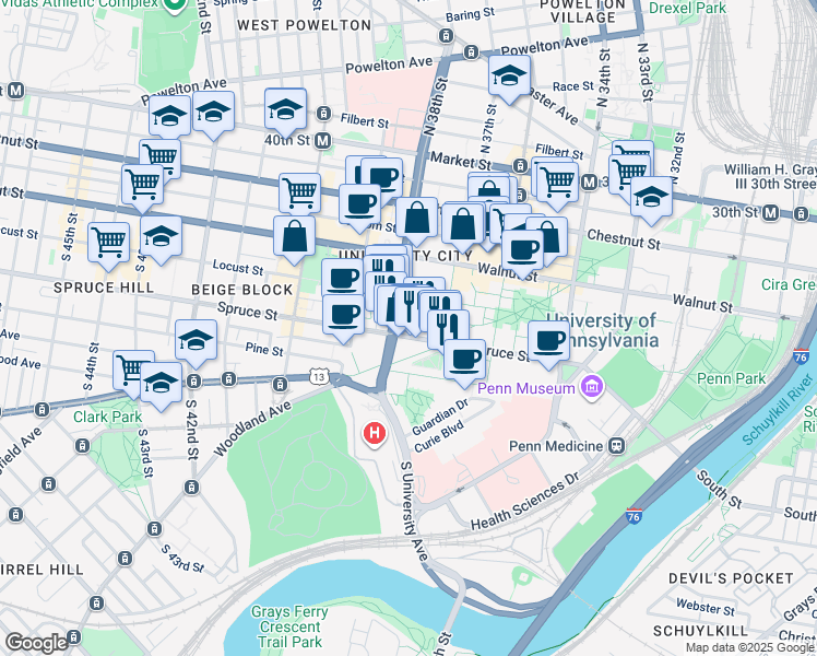 map of restaurants, bars, coffee shops, grocery stores, and more near 256 South 37th Street in Philadelphia