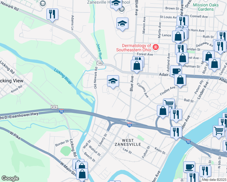 map of restaurants, bars, coffee shops, grocery stores, and more near 1275 Roosevelt Avenue in Zanesville