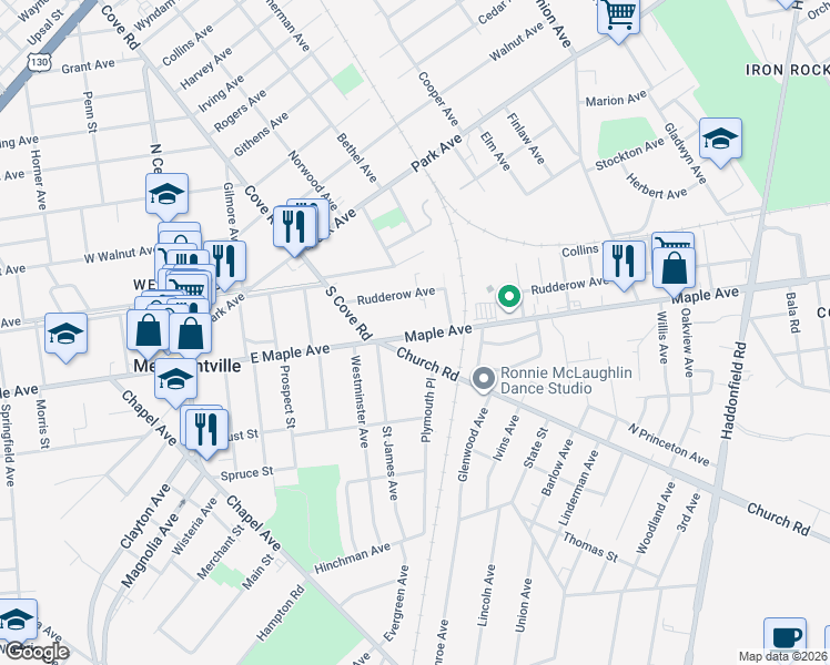map of restaurants, bars, coffee shops, grocery stores, and more near in Pennsauken Township