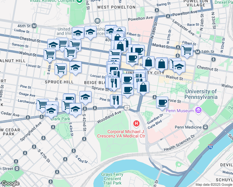 map of restaurants, bars, coffee shops, grocery stores, and more near 3940 Spruce Street in Philadelphia
