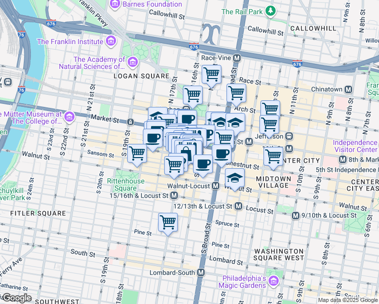 map of restaurants, bars, coffee shops, grocery stores, and more near 1508 Sansom Street in Philadelphia